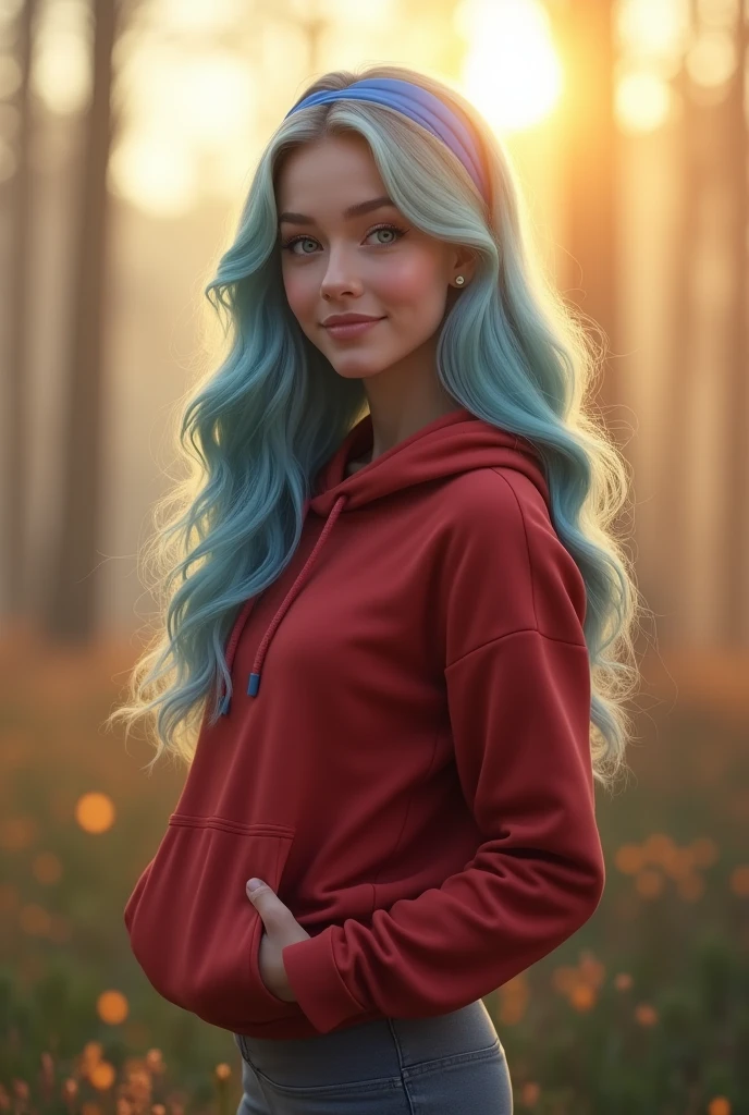 A beautiful 20-year-old woman with an athletic figure and medium round breasts stands with a gentle smile at dawn. Her long, flowing azure blue hair is in soft waves and adorned with a blue headband. Her hair transitions from deep blue to light blue. She has green eyes, detailed facial features, and long eyelashes. The early morning scene features soft sunlight rays and morning fog. She is dressed in a red hoodie and grey leggings. The image should be in ultra high-definition (4k or 8k) with high detail.