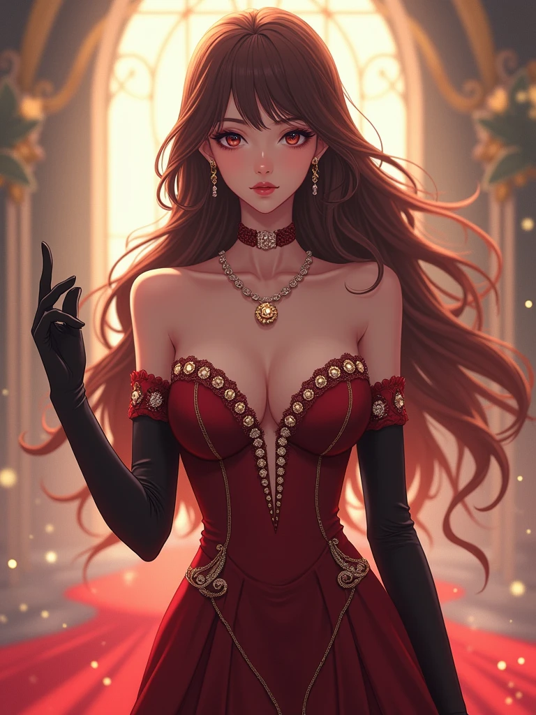 a beautiful young lady, wearing a long evening tight gown, long hand glove, beautiful hair, front pictures, 8k, highest quality, long hair, anime vision, fantasy, curve body, sparkling jewelry,