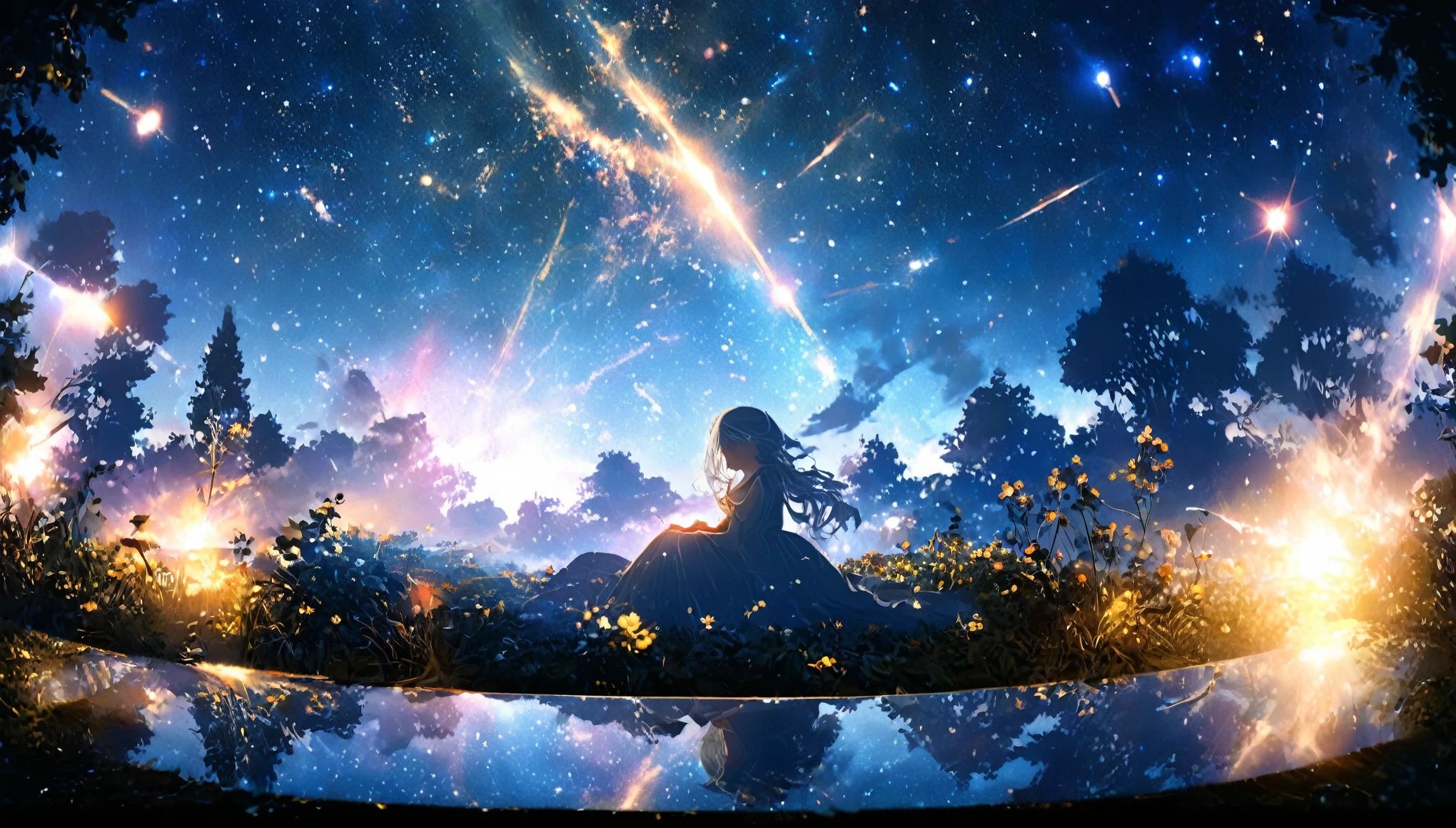masterpiece, Concept Art, Panorama, in the center, shape, Wide Shot, garden, night, (meteor), Space galaxy background, (Great composition, Epic Scale), Dynamic Lighting, Bright colors, Blue rose,Landscape Long Eyelashes, Round eyes, Silver Hair, Half-closed eyes, sad, Cast a Shadow, Anaglyph, Stereogram, tachi-e, Atmospheric perspective, Wide Shot, reflected light, 8k, Super Detail, Highest quality, Anatomically correct, yellow