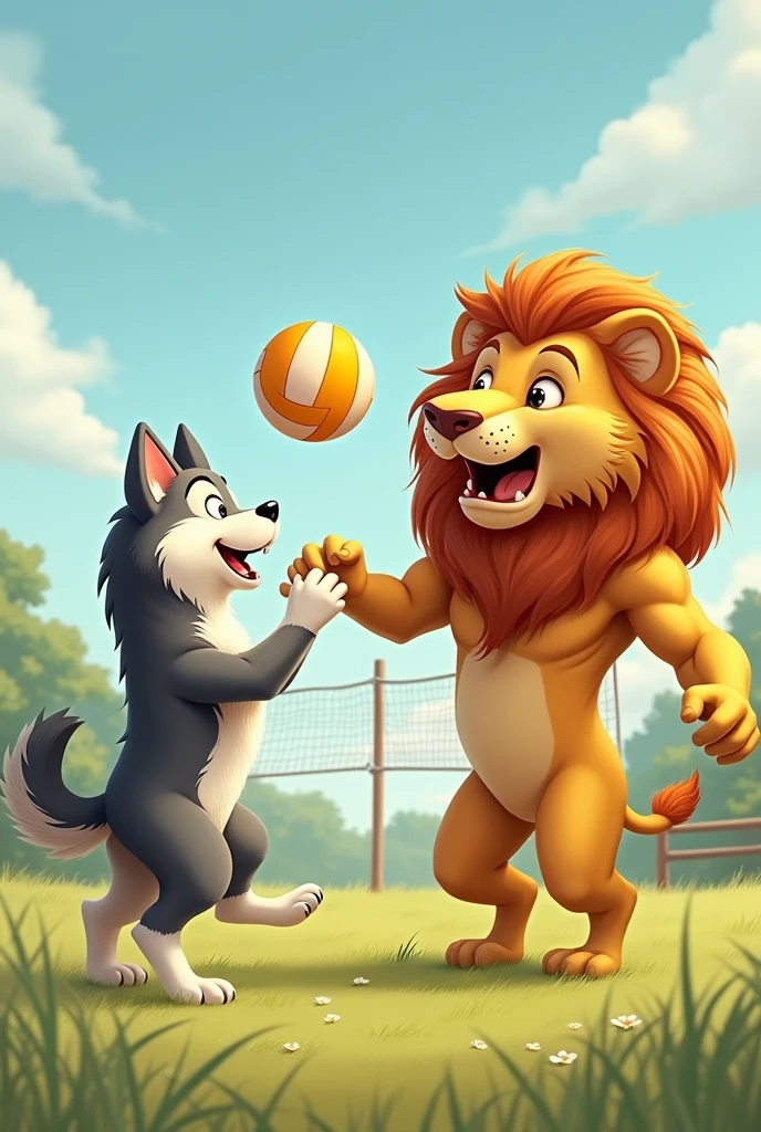 a husky dog and a lion playing volleyball to paint