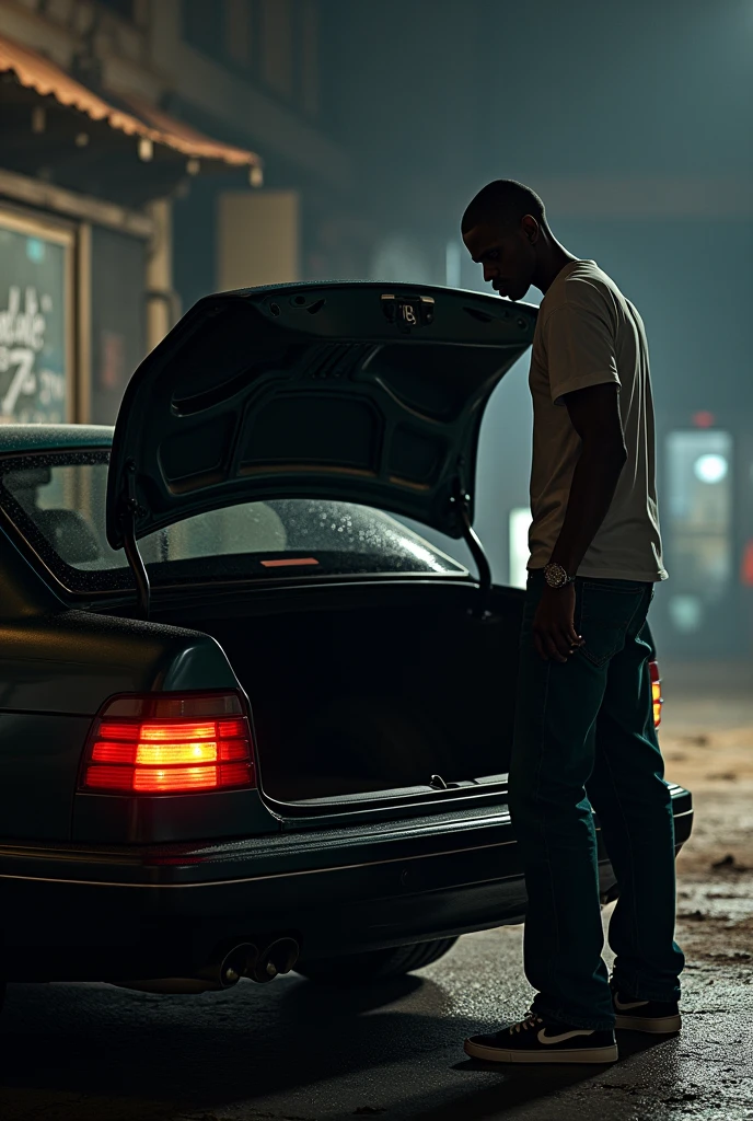 black skinny man (cj do gta) opening the trunk of the car