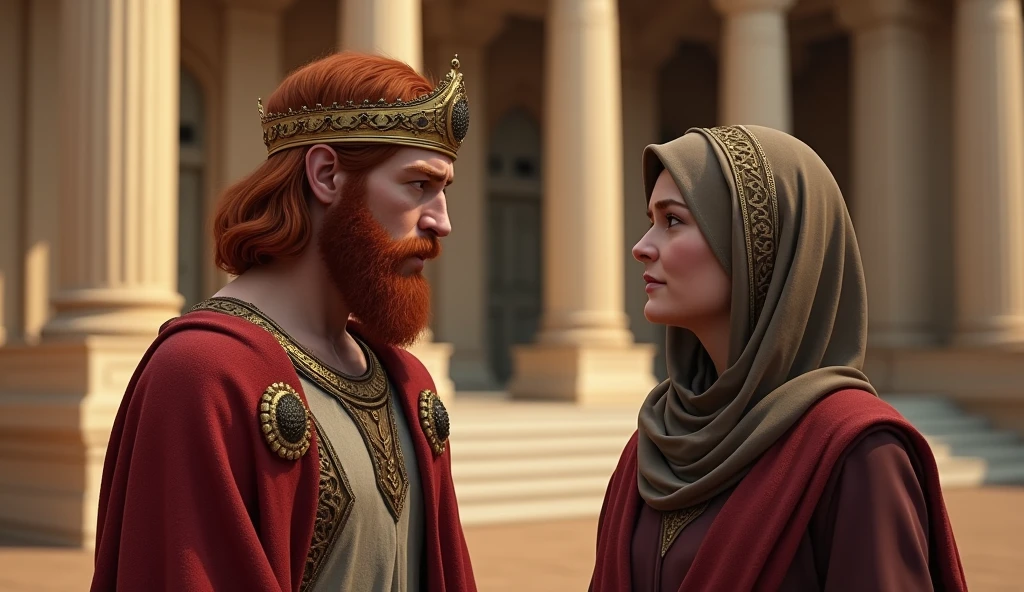 (best quality: 1.4), (Ultra Highres: 1.2), (photorealistic: 1.4), (8k, RAW photo: 1.2). The description of King David's physical appearance is not detailed in the biblical narrative, but her origin suggests that she probably had similar characteristics to other people in the region. He has good-looking red hair and a beard. Without historical-cultural context, the story of man with the appearance of a King, he wears a crown and king's clothes, he is talking to a Samaritan woman, they are worried, they are shown in the image in front of the King's palace