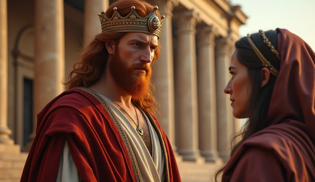 (best quality: 1.4), (Ultra Highres: 1.2), (photorealistic: 1.4), (8k, RAW photo: 1.2). The description of King David's physical appearance is not detailed in the biblical narrative, but her origin suggests that she probably had similar characteristics to other people in the region. He has good-looking red hair and a beard. Without historical-cultural context, the story of man with the appearance of a King, he wears a crown and king's clothes, he is talking to a Samaritan woman, they are worried, they are shown in the image in front of the King's palace