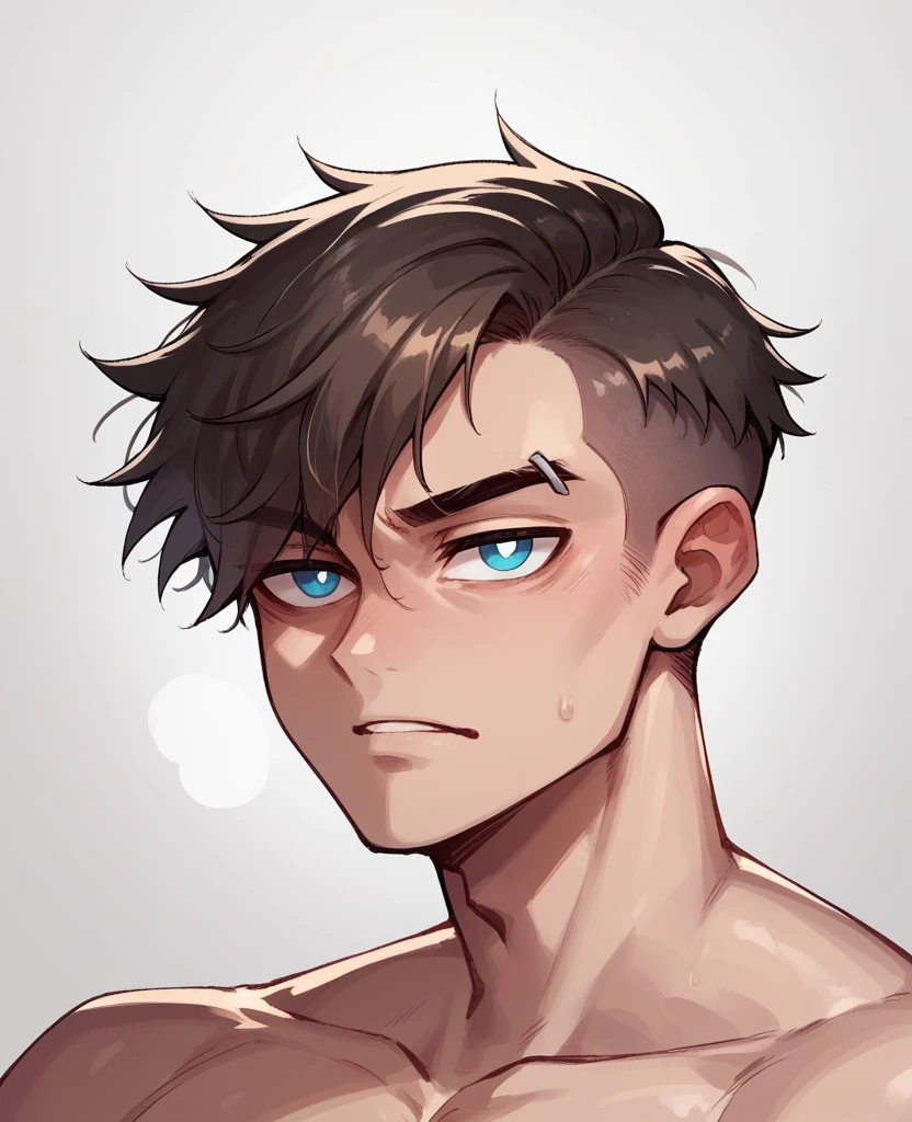 Human Male 20 anos, Brown ,pixie cut Side Hair Style , blue pupils ,