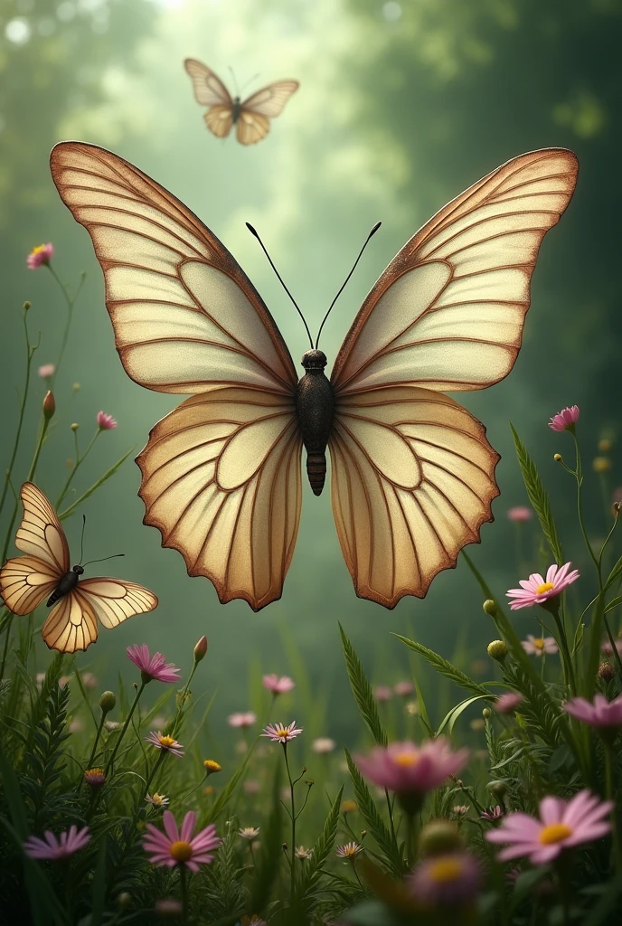 creates an image of butterflies that resemble a female vulva, flying in a meadow