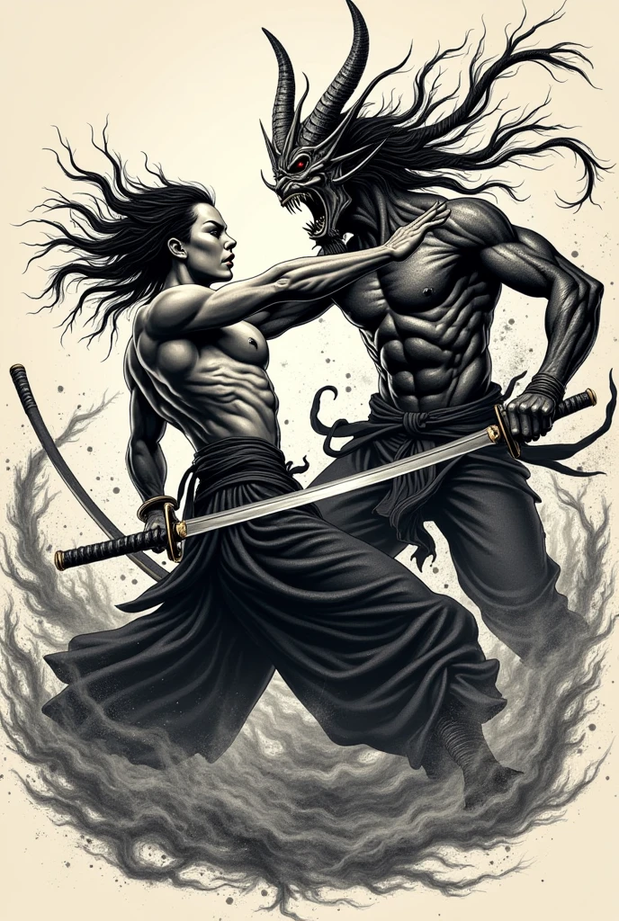 Traditional Japanese tattoo design featuring a hannya and a samurai fighting each other in blackwork