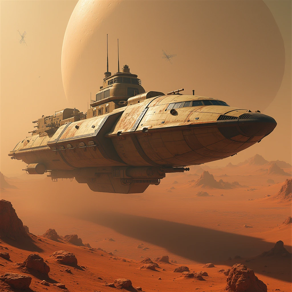 Supply carrier, shuttle ship, science fiction, low technology, Mars, satellite orbit, realistic, precision, masterpiece