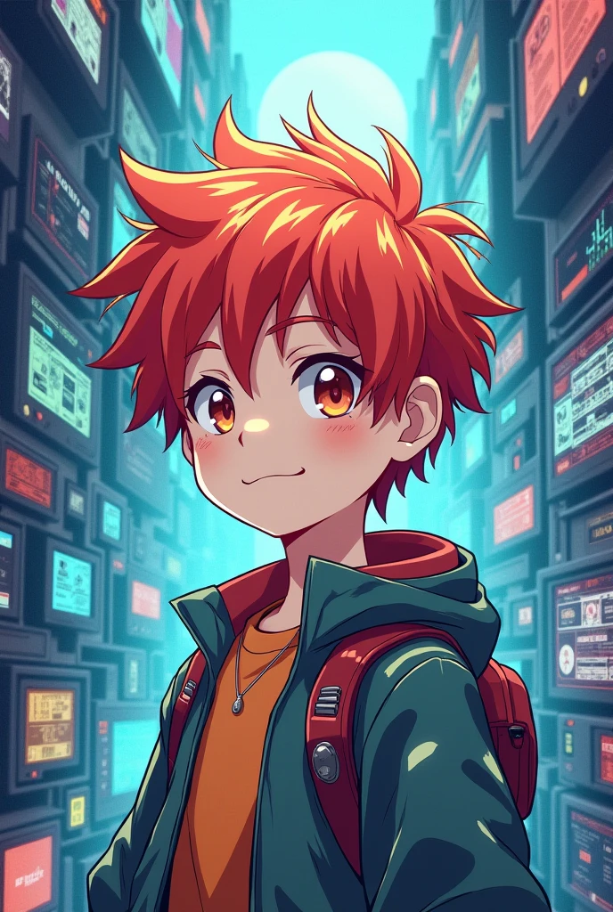 A smart boy, red hair color, advanced equipment for a child (anime styling)