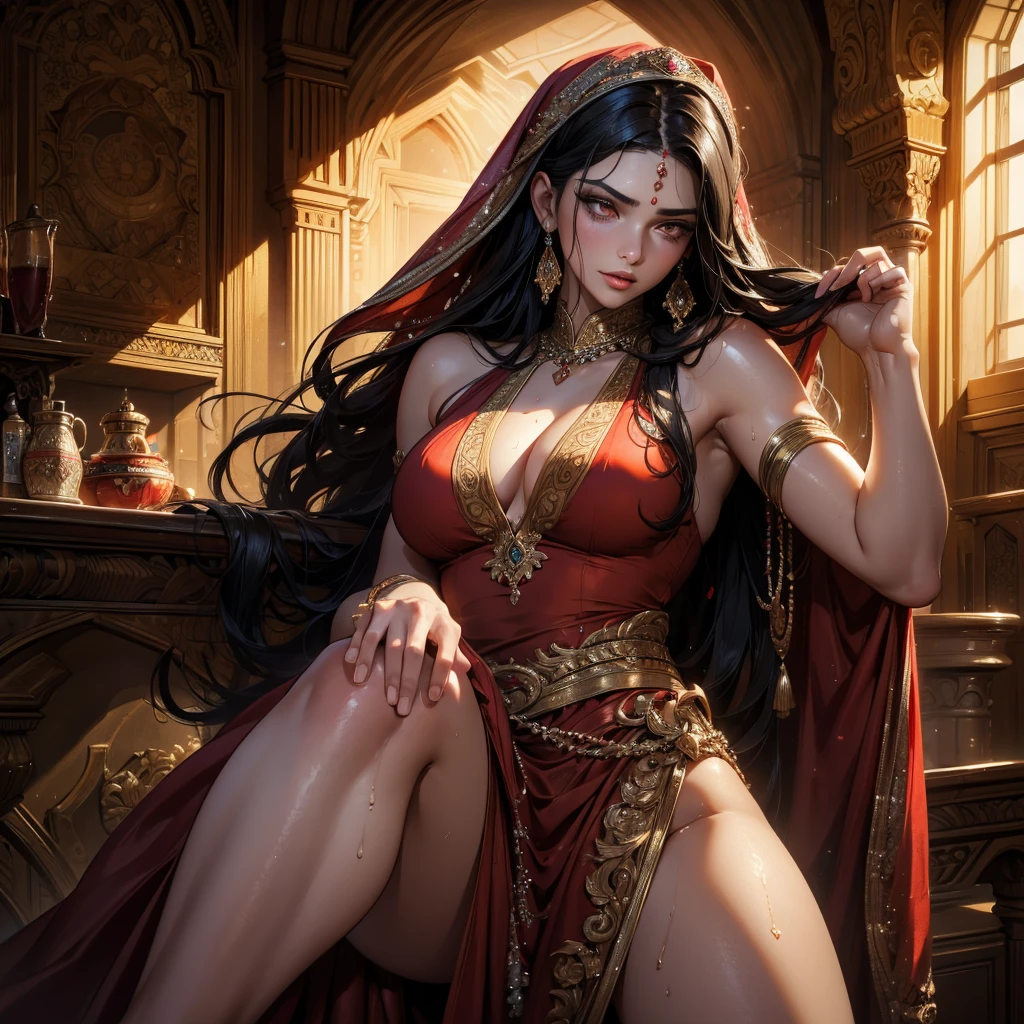 Single beautiful persian princess, wearing a fitted wet red sharara, long wavy black hair, visible extremely sweat dripping from armpits, fully body covered in extremely glistening and shining sweat, big breasts, white skin, backside visible with detailed facial features, beautiful detailed eyes, beautiful detailed lips, extremely detailed face, long eyelashes, portrait, (best quality,4k,8k,highres,masterpiece:1.2),ultra-detailed,(realistic,photorealistic,photo-realistic:1.37),dramatic lighting, warm color tones, vibrant colors