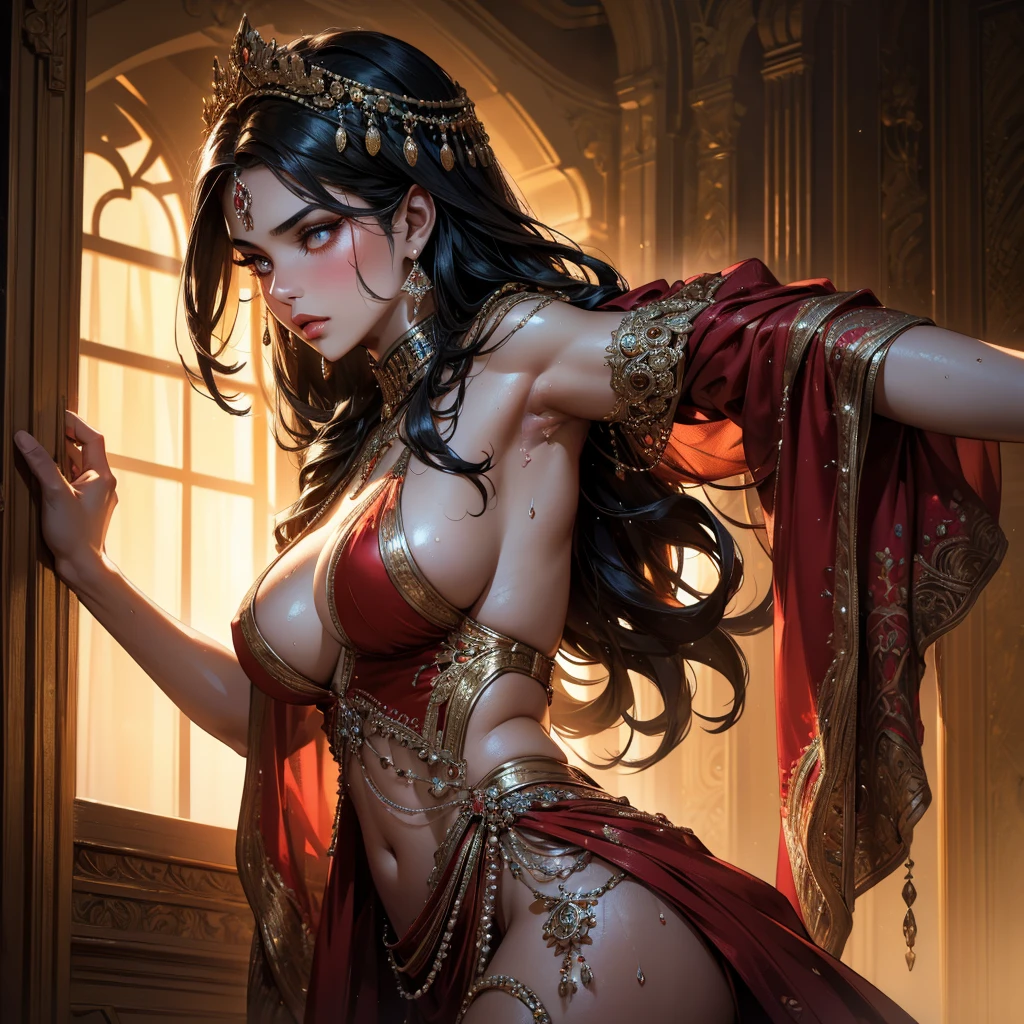 Single beautiful persian princess, wearing a fitted wet red sharara, long wavy black hair, visible extremely sweat dripping from armpits, fully body covered in extremely glistening and shining sweat, big breasts, white skin, backside visible with detailed facial features, beautiful detailed eyes, beautiful detailed lips, extremely detailed face, long eyelashes, portrait, (best quality,4k,8k,highres,masterpiece:1.2),ultra-detailed,(realistic,photorealistic,photo-realistic:1.37),dramatic lighting, warm color tones, vibrant colors