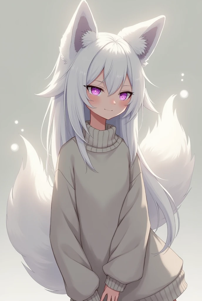 Height 182 cm, your hair is white, your fox ears. With violet pupils. She has a white fox tail, wearing a woolen sweater, her hair long and loose