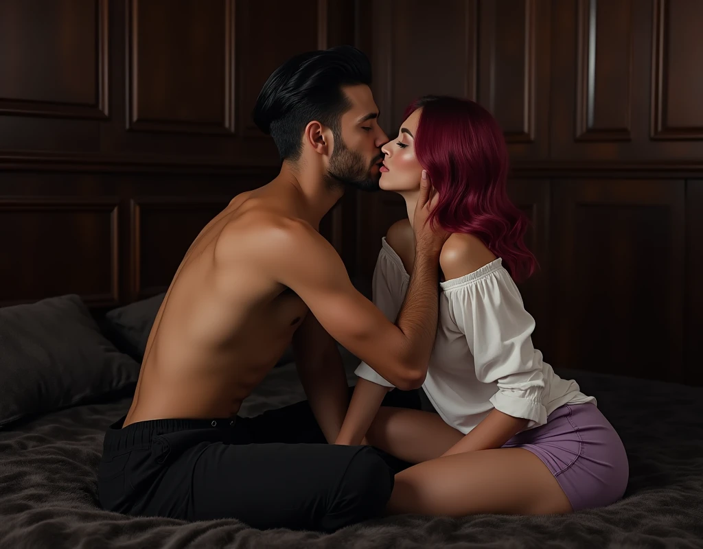 209 cm tall, 29-year-old, fit attractive man with black short layered swept back wavy crew cut hair, short black facial hair, shirtless, Mediterranean-Native American features, black cargo pants, hip shot, kissing much shorter woman 170cm tall light skin and vibrant maroon hair wearing white off shoulder shirt and lavender shorts, arms around her back as they sit on a dark fur covered bed in an underground basement with dark wood panel in low lighting, photorealistic, cinematic