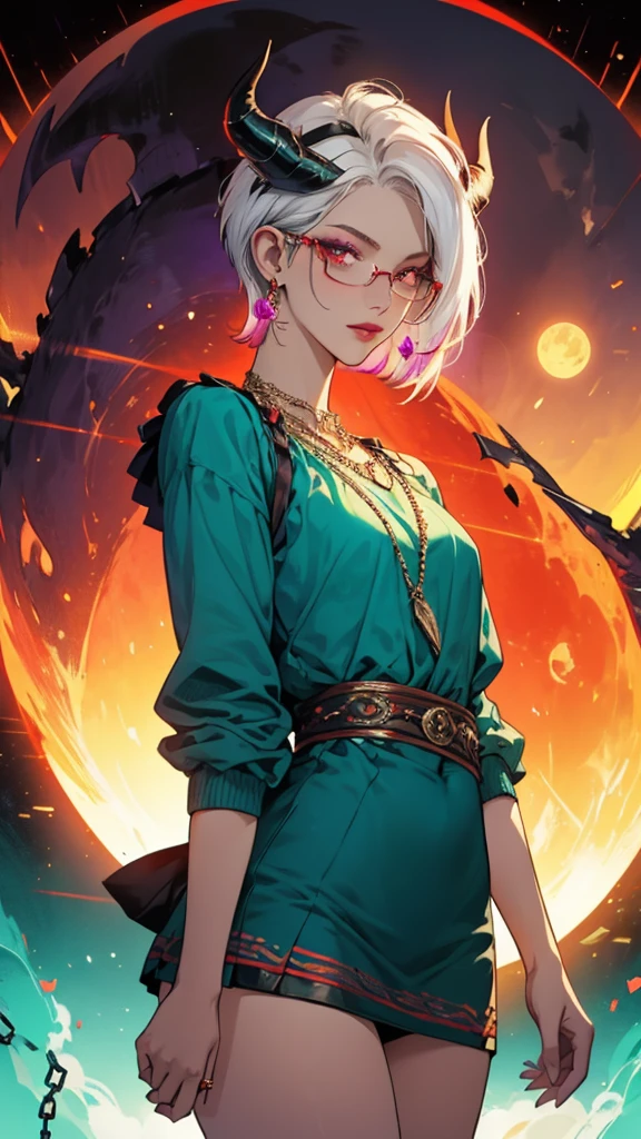 8k, masterpiece, best quality, highly detailed, 1 girl, tiefling, warlock, pixie cut, multicolored hair, very short straight hair red highlight hair on white hair, strippled hair, wearing glasses, round glasses, earrings, navel piercing, red eyeshadow, long eyelashes, blushed cheek, red lips, pearl necklace, rings, collarbone, mole on face, glamorous, teal and purple clothes, miniskirt, smirk, close up view, rings, looking at viewer, demon horns, solo, blood red moon, standing, chains on the background.