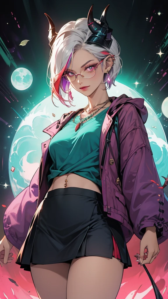 8k, masterpiece, best quality, highly detailed, 1 girl, tiefling, warlock, pixie cut, multicolored hair, very short straight hair red highlight hair on white hair, strippled hair, wearing glasses, round glasses, earrings, navel piercing, red eyeshadow, long eyelashes, blushed cheek, red lips, pearl necklace, rings, collarbone, mole on face, glamorous, teal and purple clothes, miniskirt, smirk, close up view, rings, looking at viewer, demon horns, solo, blood red moon, standing, chains on the background.