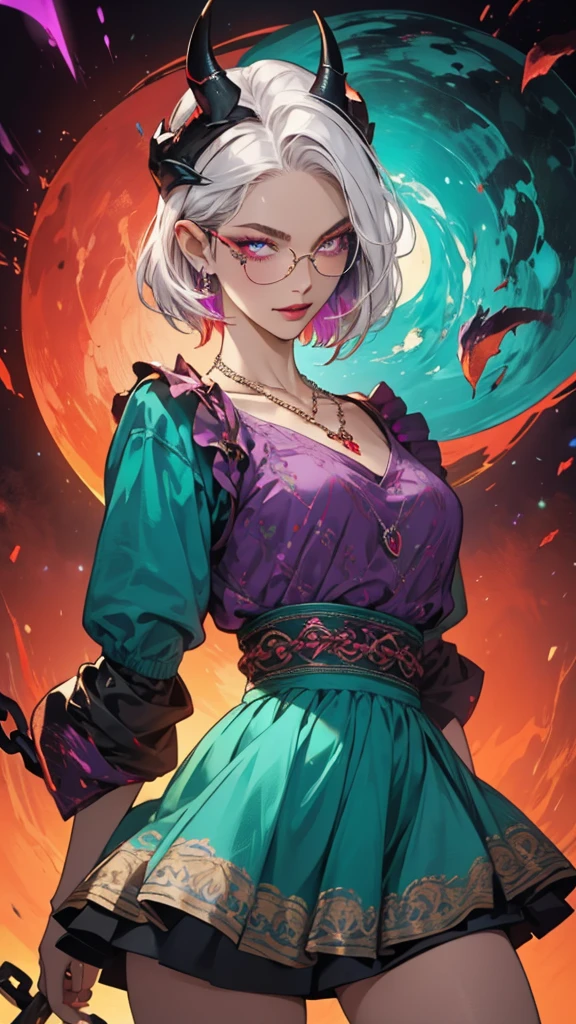 8k, masterpiece, best quality, highly detailed, 1 girl, tiefling, warlock, pixie cut, multicolored hair, very short straight hair red highlight hair on white hair, strippled hair, wearing glasses, round glasses, earrings, navel piercing, red eyeshadow, long eyelashes, blushed cheek, red lips, pearl necklace, rings, collarbone, mole on face, glamorous, teal and purple clothes, miniskirt, smirk, close up view, rings, looking at viewer, demon horns, solo, blood red moon, standing, chains on the background.