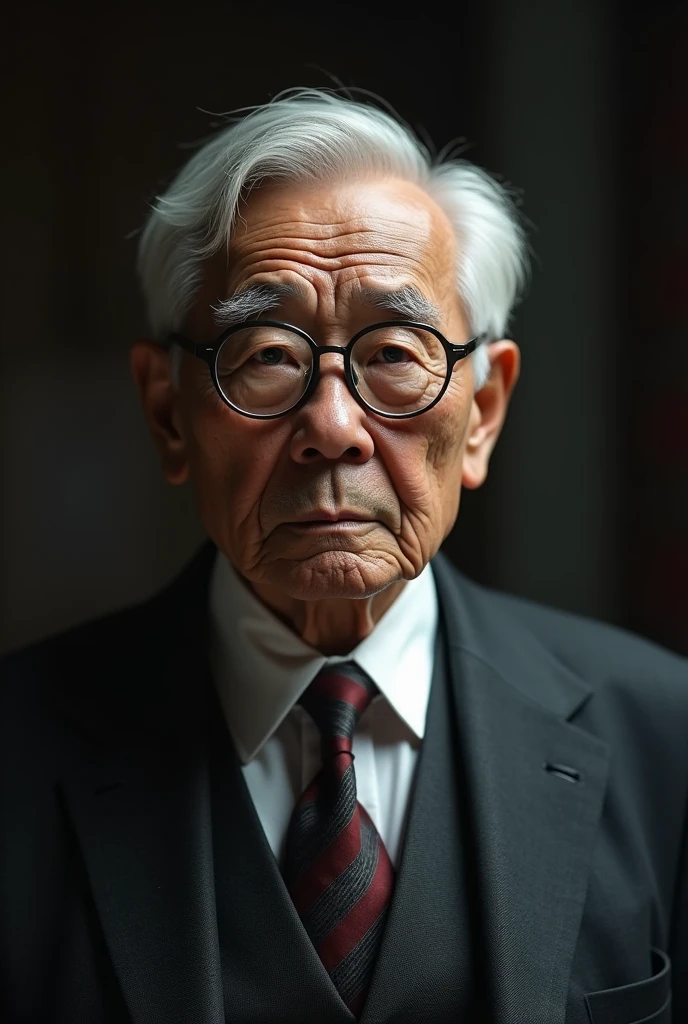 Old man in suit. Wearing glasses. He's asian