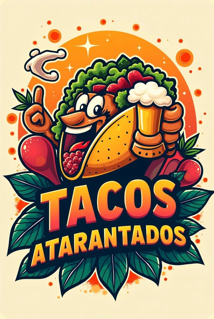 Logo for a taco shop called TACOS ATARANTADOS Bright colors with beer 