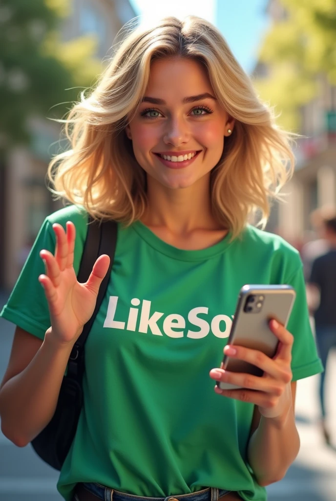 female character with phone in hand and LikeSoar written on her t-shirt, blonde hair, green t-shirt