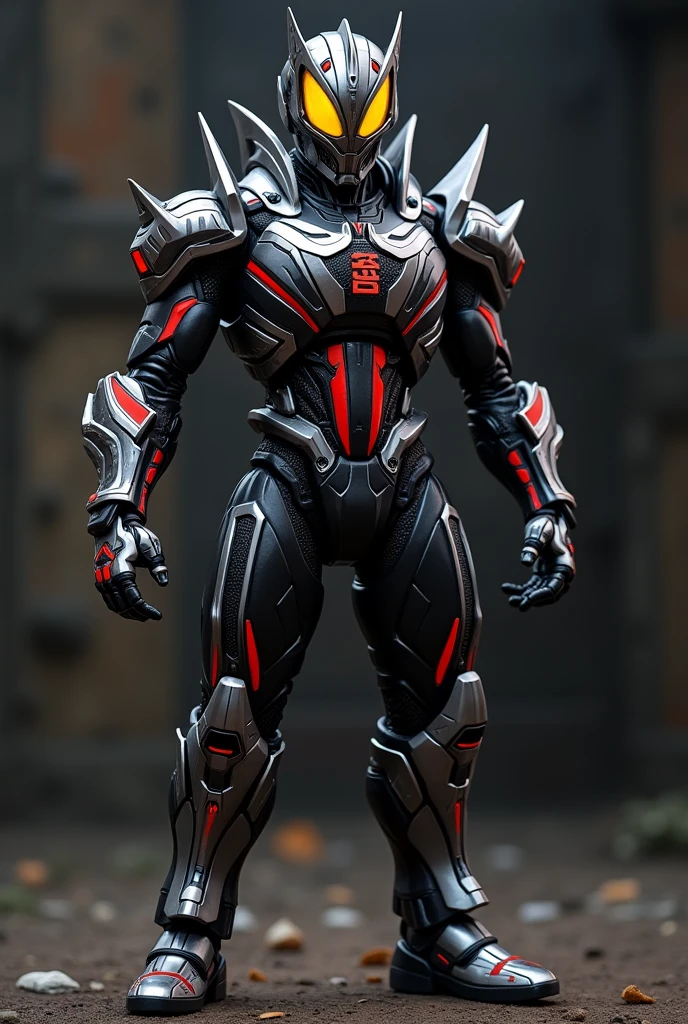 Kamen Rider Faiz 555 Transforms with a cell phone Black body with red lines Silver on chest and other parts Yellow eyes Overall body armor is rounded The Greek letter Φ is the motif