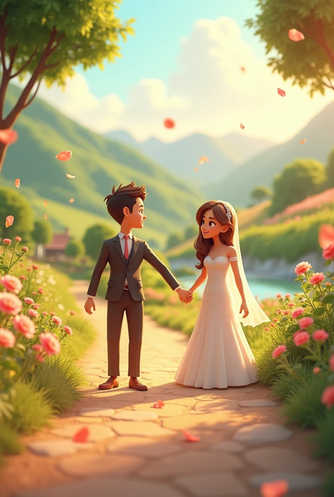 In cinematic 3d cartoon style'10. **Happily Ever After:** The couple walking hand in hand down a picturesque path, symbolizing the start of their new life together.

These prompts capture the essence of their love story from childhood through to their wedding and beyond.