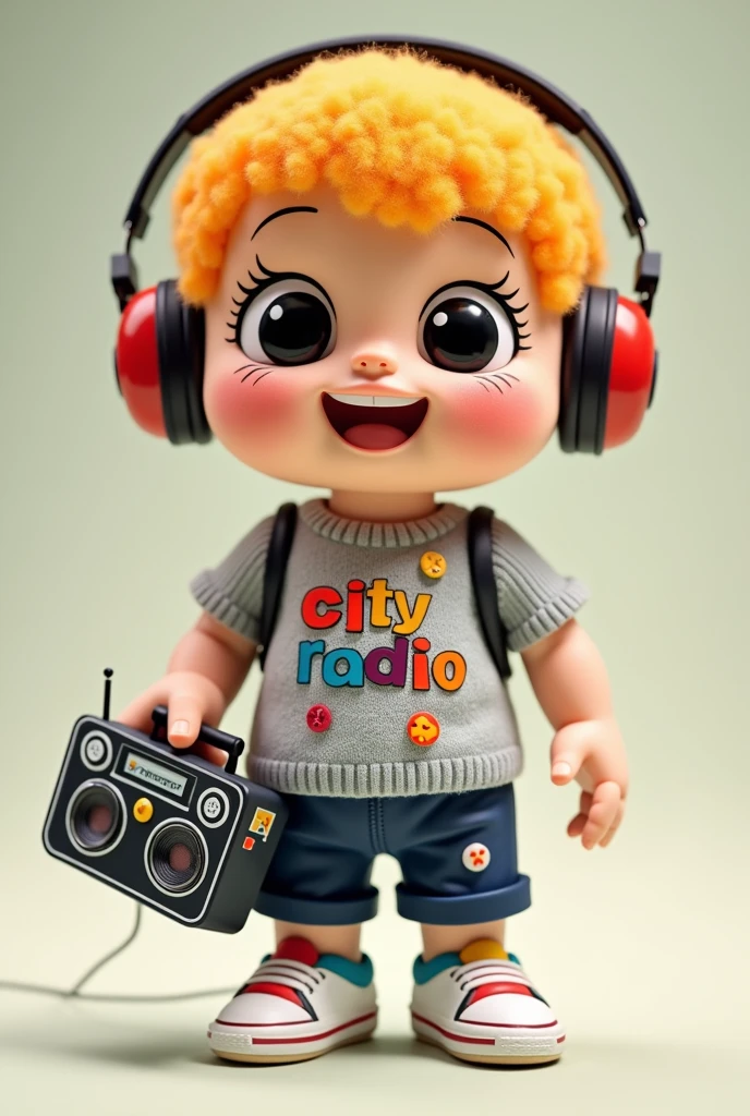 Doll Description:
Shape and Size:

The doll has a round and compact shape, about 20 cm tall, ideal for holding and hugging.
The body is soft and full, with exaggerated proportions that make the head, the hands and feet are large in comparison to the body, adding a touch of cuteness.
head:

The doll&#39;s head is large and rounded, with an expressive and friendly face.
olhos grandes e brilhantes, black in color, with points of light that create a lively and cheerful expression. The eyes are slightly oval, with thin eyelashes that give a lovely look.
Rosy cheeks and a wide, friendly smile are the main features of the face, giving a sense of welcome.
The top of the head may have a modern cap or cap., in vibrant colors like red or blue, que realça a marca da City Radio.
Clothing and Style:

The doll wears a light gray knitted t-shirt, with the name "City Radio" printed in large, colorful letters on the front. The font is rounded and friendly, with vibrant colors like blue and orange.
The shirt is a little big, with sleeves that cover part of the arms, creating soft folds that add realism and cuteness.
Shorts in dark blue tones, with small stitching details in white, complete the doll&#39;s casual and approachable look.
On the feet, the doll wears white sneakers, with colorful details on the laces and sole, maybe in red or green, to add a touch of style.
Accessories:

The doll has a small, padded headset around its neck., made of soft and flexible material. The headset has silver and colorful details, matching the colors of the shirt.
Decorative buttons are attached to the shirt and shorts, with small icons like musical notes, microphones and stars, strengthening the connection with music and radio.
In the hands, the doll holds a small portable radio, retro and stylized design, with buttons and a small antenna, reforçando o tema da City Radio.
Material and Texture:

The doll is made of plush