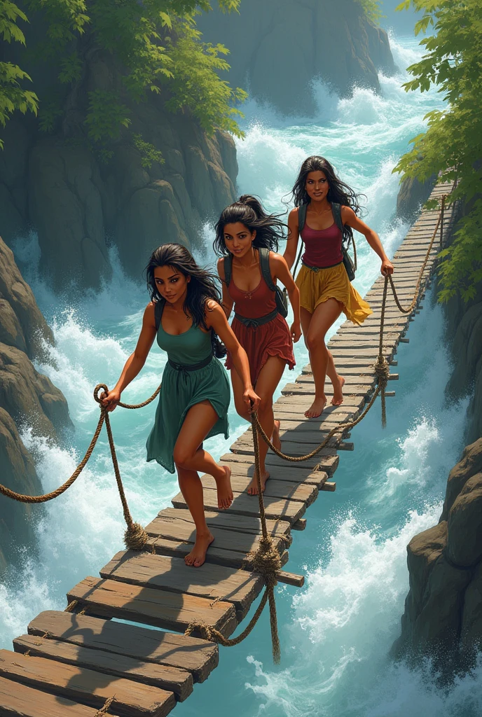 Mousumi, Priya, and Nabanita crossing a narrow, wooden bridge over a rushing river. Mousumi is stepping carefully, Priya is holding the handrail, and Nabanita is encouraging them with a smile. The scene conveys a mix of adventure and support.