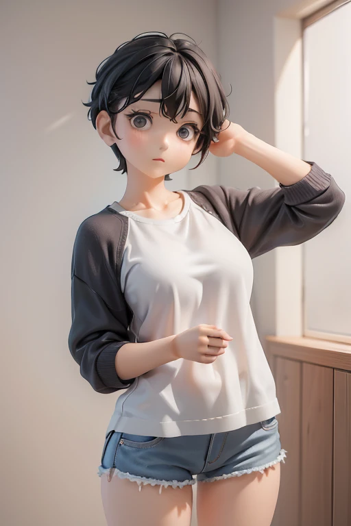 30-year-old woman、Mother,Married women,,Black Hair,Shortcuts、Short Hair、Casual wear、Calm appearance、sweater、shirt、ポロshirt、Clothing Pattern、Clothing design、whole body、