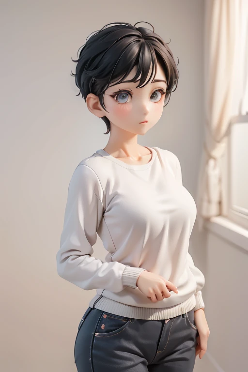 30-year-old woman、Mother,Married women,,Black Hair,Shortcuts、Short Hair、Casual wear、Calm appearance、sweater、shirt、ポロshirt、Clothing Pattern、Clothing design、whole body、
