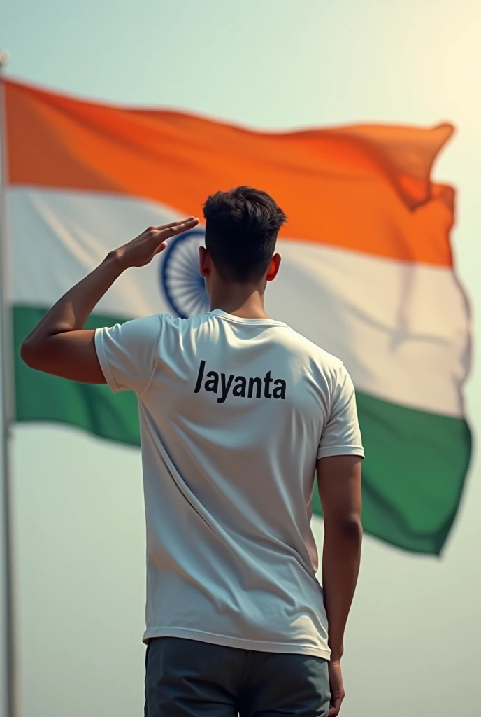 A 27 years man salute to the Indian flag and his name “Jayanta” written on his t shirt back picture.