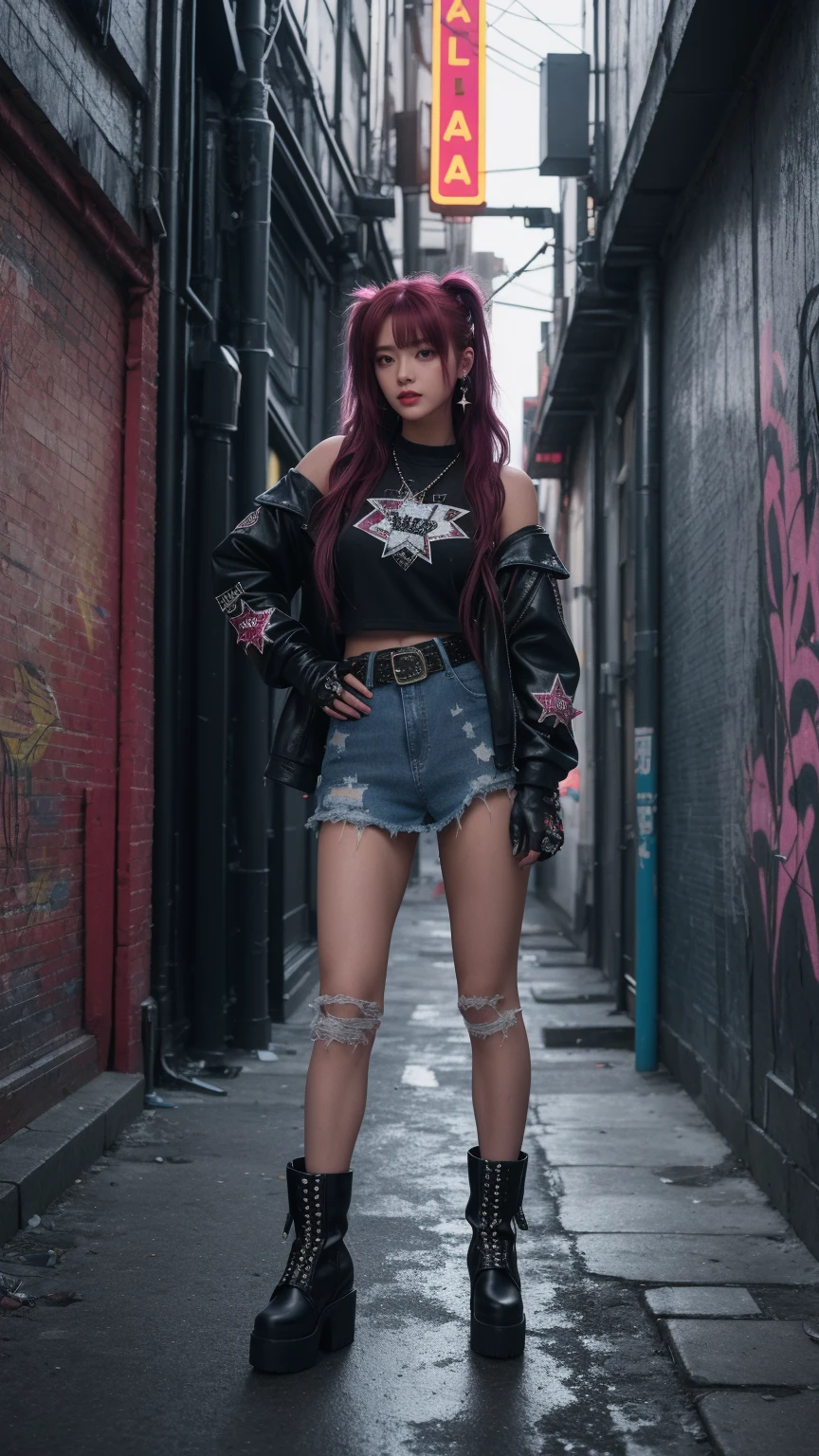 A girl posing in a grungy, neon-lit urban alleyway. Red maroon half hair, The girls wear edgy streetwear, jeans denim skirt, fur boots, glitter star hairclip, aesthetic top with fir on sleeves, pearls and stars belt, half finger gloves, The alleyway is dark and atmospheric, with graffiti-covered walls and glowing neon signs, grungy aesthetic, high angle, night, night