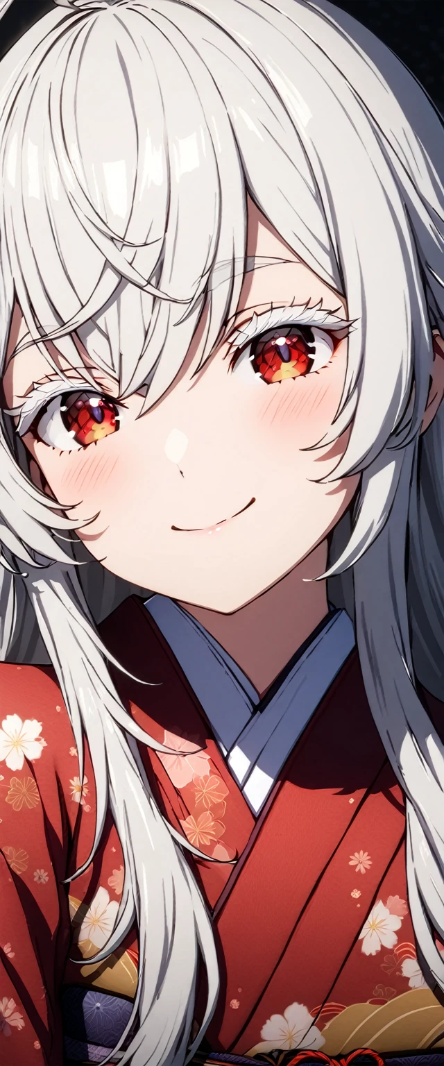 Highest quality,masterpiece,unity 8k wallpaper,Very detailed,Detailed light, Best Shadow,Very detailedな肌,Beautiful attention to detail,Very detailedな顔,Detailed reflective eyes,Shiny Hair,Shining Eyes,(One Girl:1.4),Gloss,smile,kimono,(赤いkimono:1.2),Red eyes,Silver Hair,(White eyelashes:1.2),White eyebrows,Clothes,can,Ahoge,,