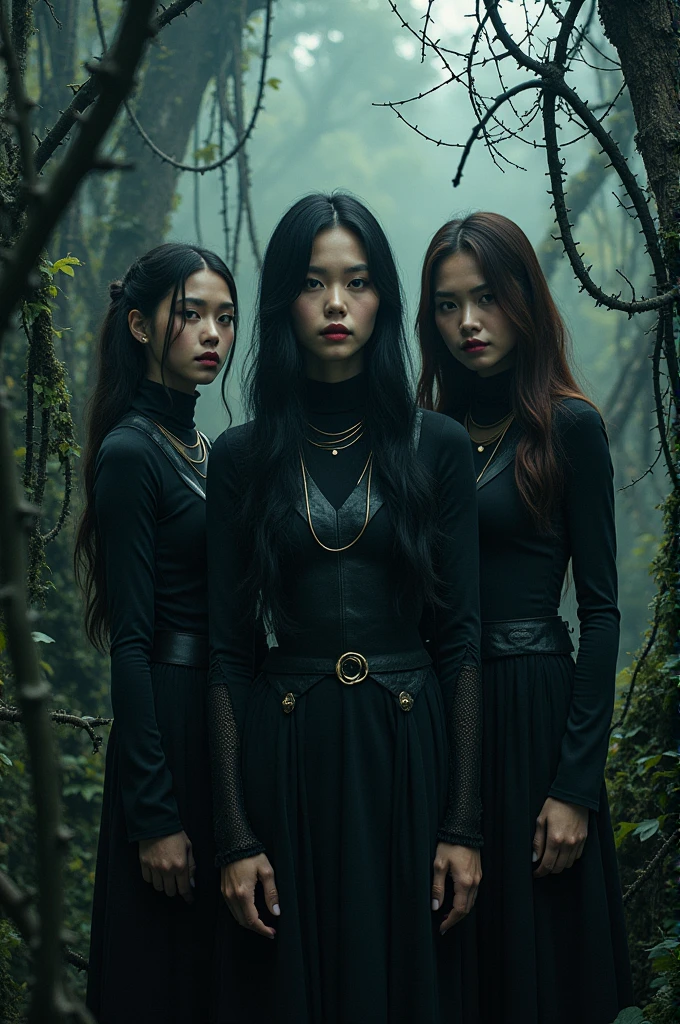 I'm taking photos for a new concept album. Create a girl group concept photo with mysterious thorn bushes and hemp vines