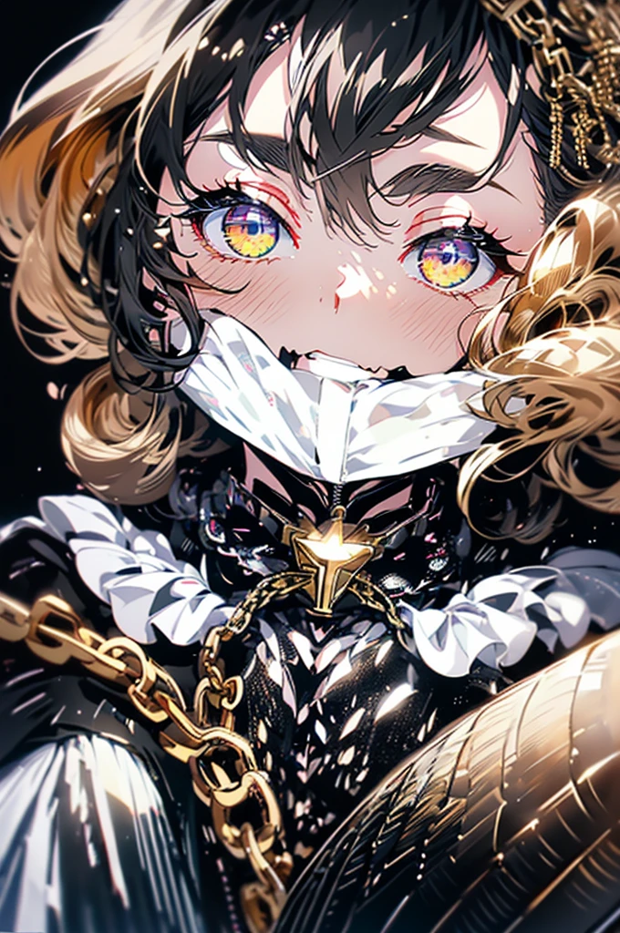 A girl with pale skin, wearing a black top ((soft fabric with gold chain details)), black skirt, white tights, wearing black boots, with long black hair, eyes closed ((red outlined)) , wearing a black cape with a hood with golden horns, a long black tail with small golden chains wrapped around it