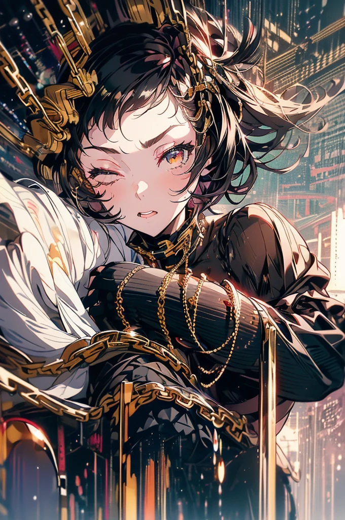 A girl with pale skin, wearing a black top ((soft fabric with gold chain details)), black skirt, white tights, wearing black boots, with long black hair, eyes closed ((red outlined)) , wearing a black cape with a hood with golden horns, a long black tail with small golden chains wrapped around it