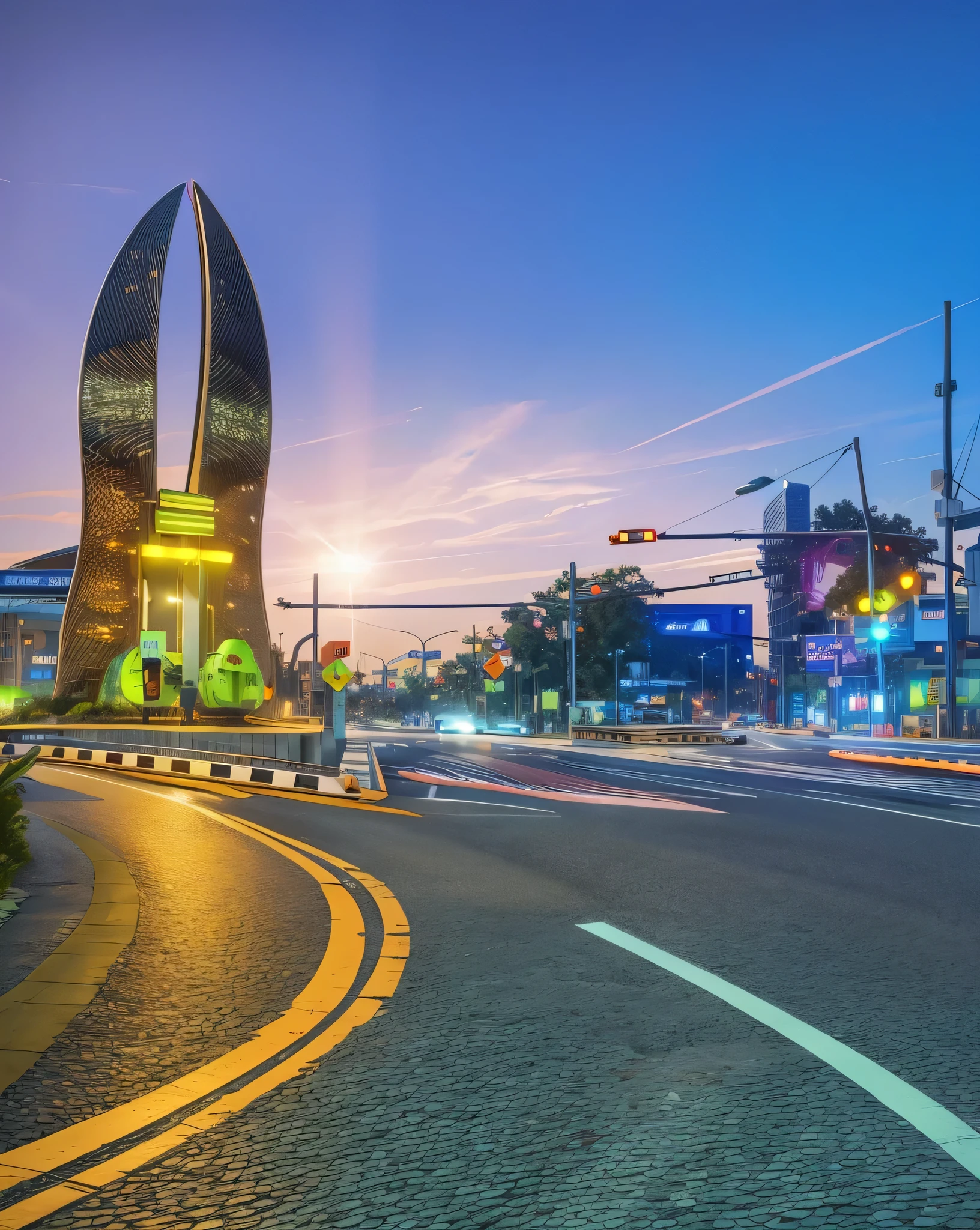 Highway view, highway traffic light intersection, asphalt, 3D render, 3D Cartoon, cartoonish look, high resolution, super detail, soft lighting