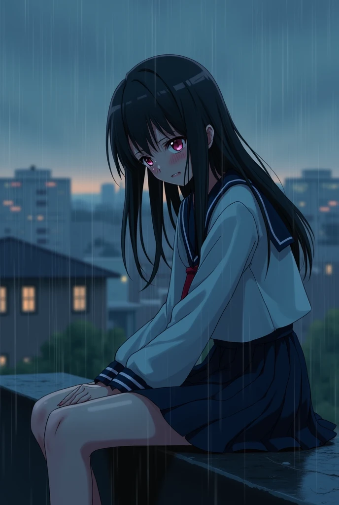 anime girl is 18 years old, she is sitting on the roof of a building in the city crying in the rain, her hair is black and her eyes are pink, she is wearing a Japanese school uniform