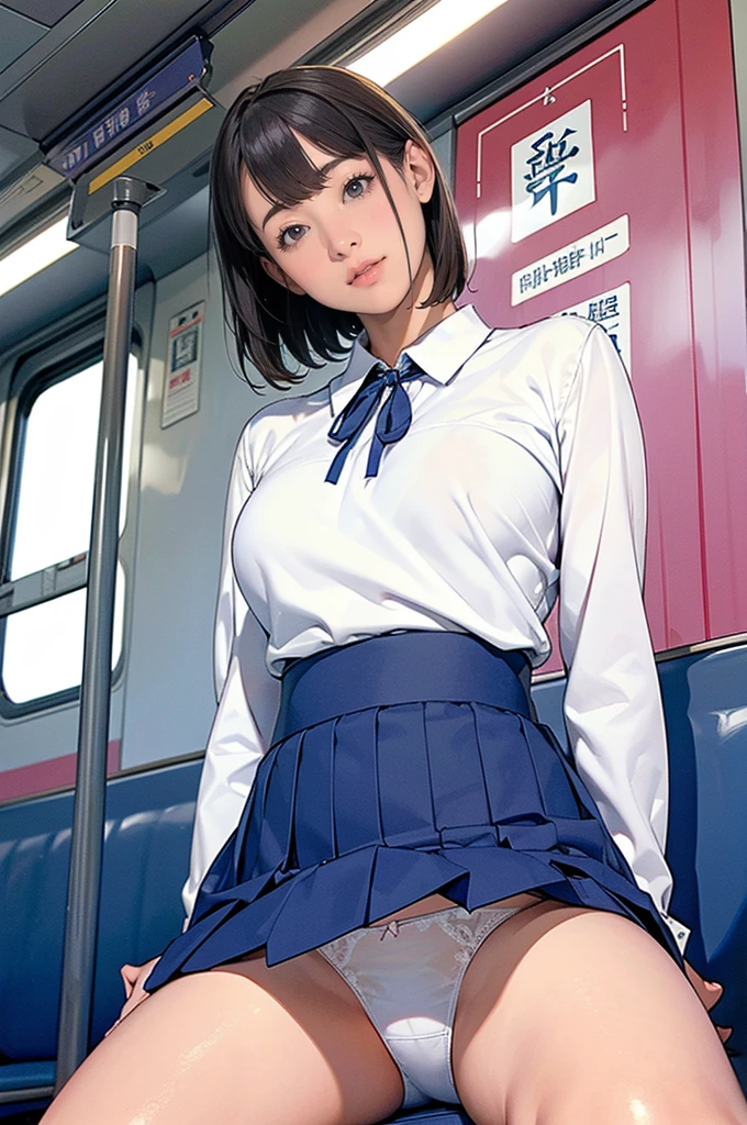 High-resolution images, Atmospheric perspective, 8k, Very detailed, Accurate, Highest quality, 
1 person, alone, chest, Looking at the audience, (Looking at the audience,:1.5),  
Brown Hair,  Brown eyes, parted lips, smile、underwear, panties, (Japanese School Uniform), 
 (Navy blue mini skirt), (sit in a train seat:1.5), （Spread your legs to the side:1.4)、underwear, panties, parted lips, 
 lips, (Navy Blue Skirt), Full Body Shot,  (((Spread your legs, Arms crossed))), Showing sexy 、(whiteの panties:1.5), Realistic ,
(white, Collared shirt, Ribbon tie),
(Do not expose your upper body:1.5),((Ceiling From below:1.2))、((From below:1.38))、
(Turn your body to the viewer:1.5) , (From below, look up:1.5), ((15 year old Japanese girl, Short Bob))