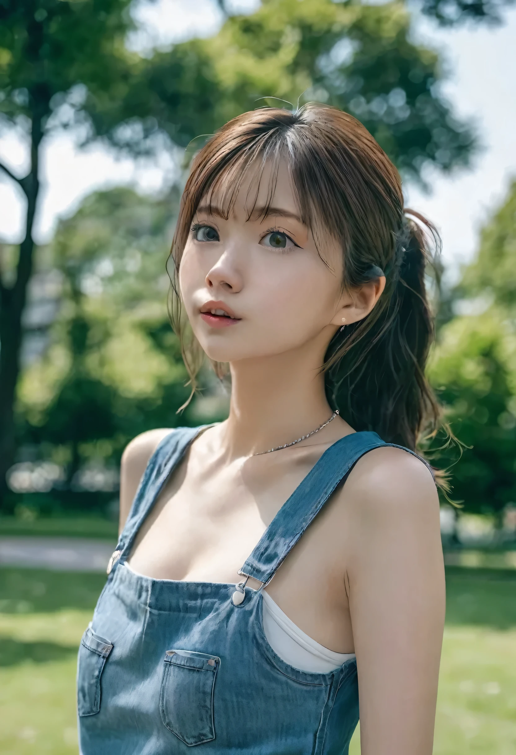 MIKI,ultra realistic, Candid Shot, Medium shot,Sony Alpha a7 III taken Photography,19yo girl, walking through a summer park. glamorous,Fitted round-neck t-shirt and denim miniskirt, Super detailed and rough skin, detailed face, detailed hair, playful expression. The background is filled with trees, captured in sharp detail.