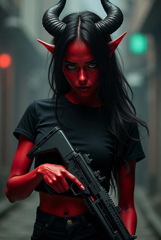 a demon-girl with red skin, black horns, holding a gun, wearing a black t-shirt and pants