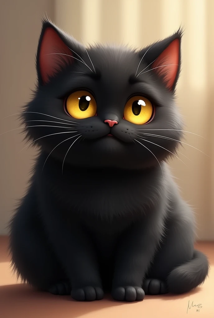 black cat with yellow eyes, chubby and tender