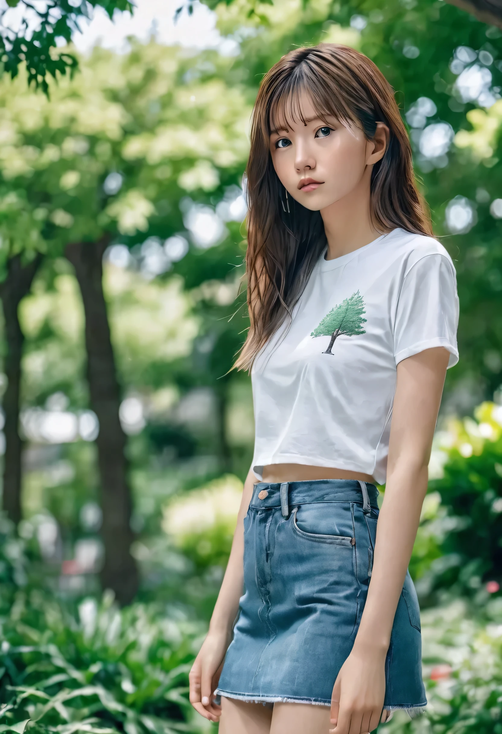 MIKI,ultra realistic, Candid Shot, Medium shot,Sony Alpha a7 III taken Photography,19yo girl, walking through a summer park. glamorous,Fitted round-neck t-shirt and denim miniskirt, Super detailed and rough skin, detailed face, detailed hair, playful expression. The background is filled with trees, captured in sharp detail.