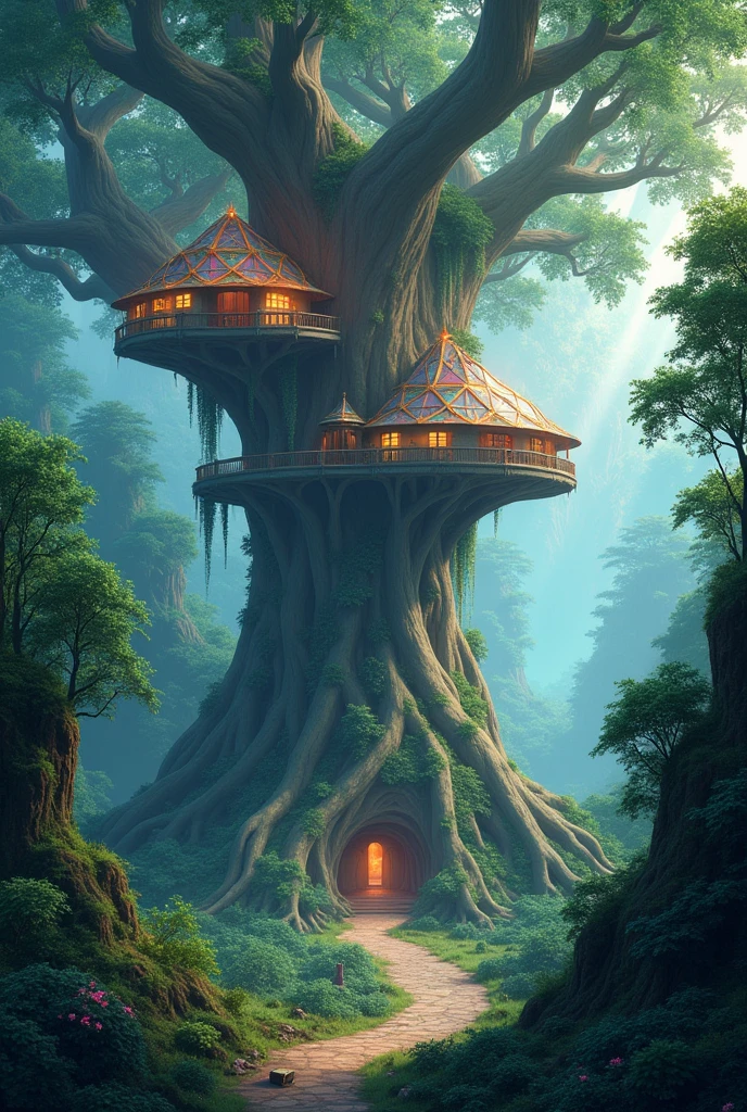 (best quality,ultra-detailed),(fantasy,imaginary) elven city,jungle,wide shot,far shot, aerial view,(magical,enchanted) world tree,tree houses,(natural magic,mystical powers),vibrant colors,(ethereal,otherworldly) lighting,A treehouse in the woods in the rain 8K ,gemometric , vector , isolated on black background --ar 16:9 --s 50 --v 5.2 --style raw --s 750 --v 5.2 --style raw ,Rainy,Mist,En plein air,Fantastic rainforest landscape,(Beautiful tree house on a forest path,Solo,House consisting of Fawcett,Cyberpunk Flower Wick House,Deconstructing architecture,Biophilic design,untiy,lush rainforest, Walk through the giant tree in the middle of the room:1.45),Eclectic architecture,Art Nouveau architecture,High-tech building with many giant trees, beautiful ancient trees,hiding large treasure chest,