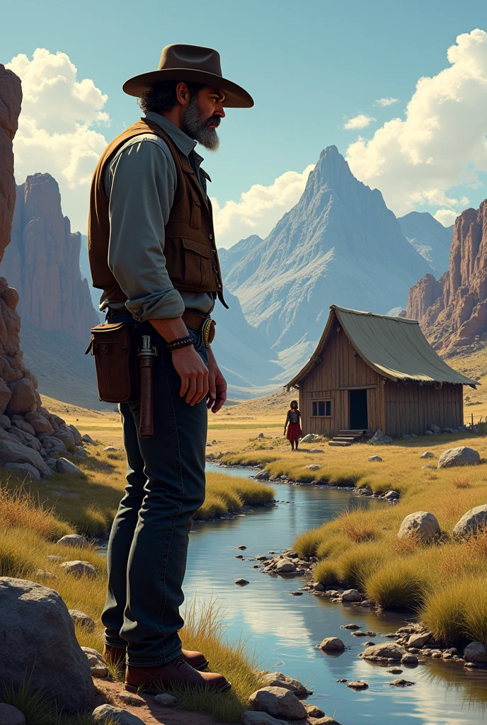 In the Old West a grizzled prospector in his 40's approaches a creek. At the edge of the water is a small camp, created by a young, beautiful woman with huge tits. The man radiates authority and determination, and his piercing eyes have seen many battles. He has a bold mustache, and a field of stubble. In the distance are mountains.