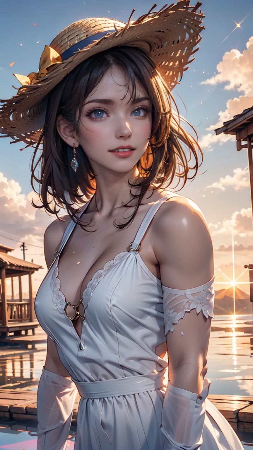 One person, masterpiece, Very detailed, (Beautiful sparkle), Lens flare, Gray Hair, short hair, Floating Hair, Recall, Behind the back, smile, blue eyes, White Dress, Medium chest, Upper Body, Wide Shot, Straw hat, ((Uyuni salt lake)), sunrise, cloud, Backlight, Purple Sky, Yellow Sky, Gradient Sky, put your hand on the hat