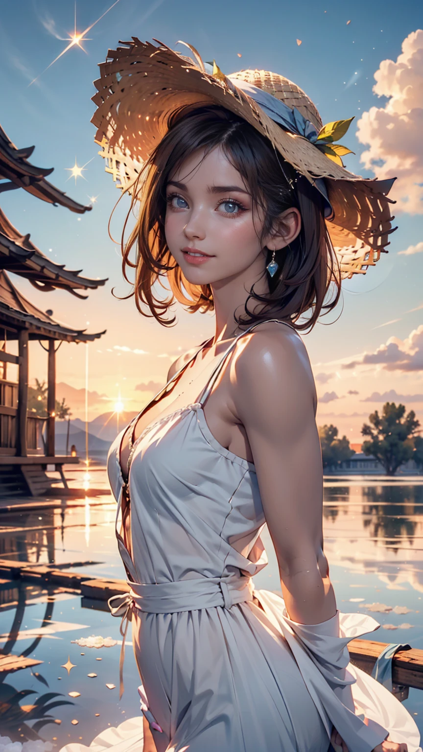 One person, masterpiece, Very detailed, (Beautiful sparkle), Lens flare, Gray Hair, short hair, Floating Hair, Recall, Behind the back, smile, blue eyes, White Dress, Medium chest, Upper Body, Wide Shot, Straw hat, ((Uyuni salt lake)), sunrise, cloud, Backlight, Purple Sky, Yellow Sky, Gradient Sky, put your hand on the hat