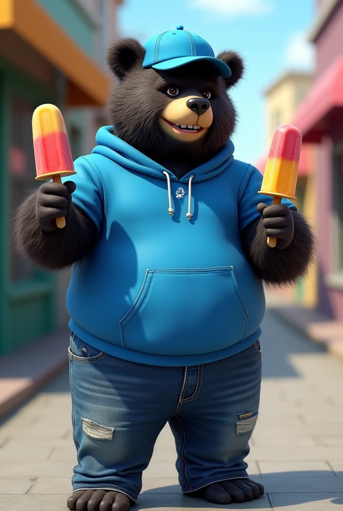 Black Frontino Bear wearing a blue sports shirt, jeans and blue cap that delivers popsicles
