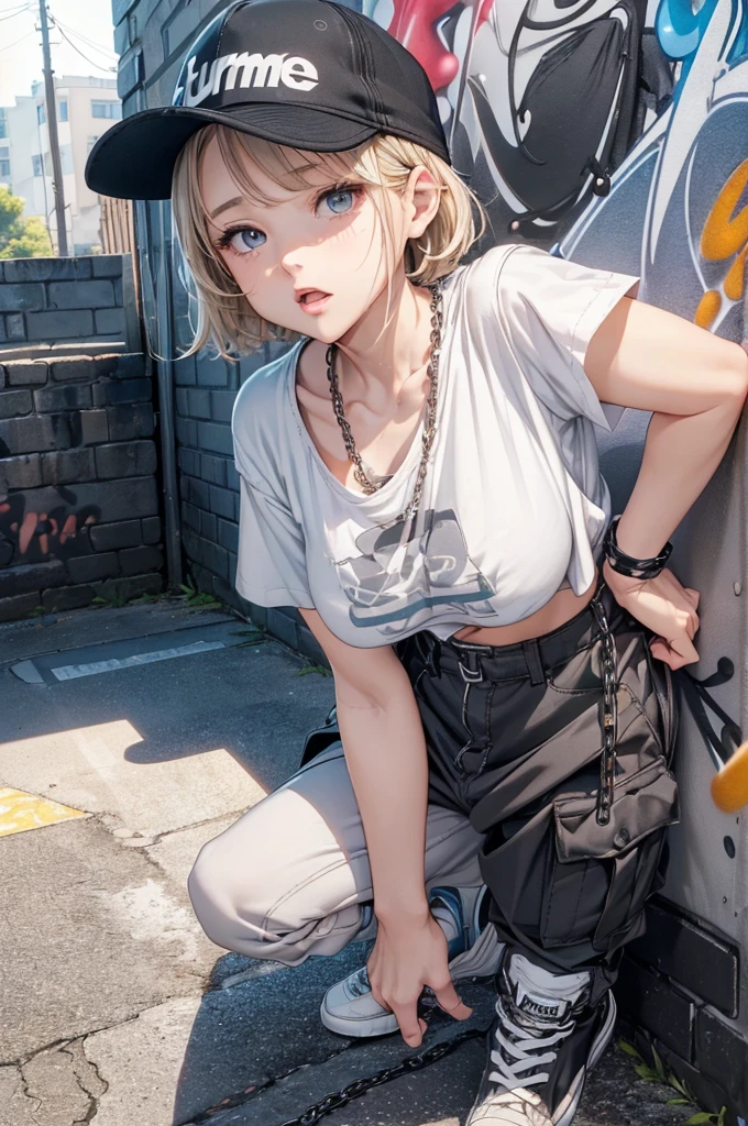 Absurd, Super detailedな,(In 8K:1.3),Masseter muscle area,(masterpiece:1.2)、(Highest quality)、4K、Super detailed、(Movement Structure:1.4)、(Shining Lights、Atmosphere lighting), High resolution, Best Quality、(One person:1.4),Super detailedな,Bright colors、Treebreak Production Art、(Warm color light source:1.2),High-level image quality、Fine image quality、Intricate details,Volumetric Lighting,Realism BREAK、Profile、 Idol face、15 years old、Very beautiful face and eyes, Beautiful images、natural make up、 big eyes,、 (full-body shot:1.3)、 (breast grab)、 (Big Tits:1.2)、(curvy body)、(glossy skin :1.5)、(Baby Face:1.5)、 (graffiti:1.5)、 (blonde hair,short hair:1.2)、(dark gray、oversized t-shirt:1.5)、(black、Supreme box logo cap:1.3)、(black、Short cargo pants、Wallet Chain:1.3)、(white、Low Cut、sneakers:1.5)