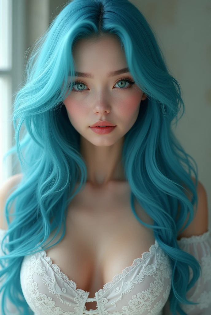 20 years old young girl with blue and white hair , long flowing blue hair, very long wavy azure blue hair, long blue hair, beautiful woman with blue hair, flowing blue hair, beautiful blue haired girl, pretty girl with blue hair, long azure blue hair, blue long hair, very long blue hair, girl with blue hair, blue hairstyle,, tall, beautiful, athletic figure, round breasts, green eyes, medium round breasts (best quality, 4k, 8k, high definition), ultra detail, detailed face and facial features, beautiful detailed eyes, beautiful detailed lips, extremely detailed eyes and face, long eyelashes