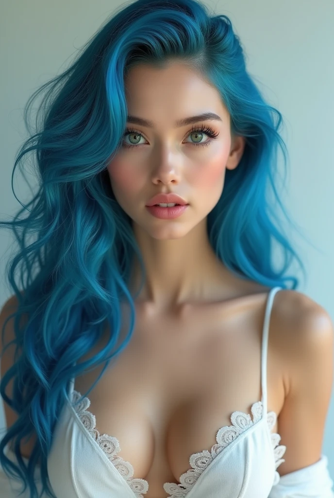 20 years old young girl with blue and white hair , long flowing blue hair, very long wavy azure blue hair, long blue hair, beautiful woman with blue hair, flowing blue hair, beautiful blue haired girl, pretty girl with blue hair, long azure blue hair, blue long hair, very long blue hair, girl with blue hair, blue hairstyle,, tall, beautiful, athletic figure, round breasts, green eyes, medium round breasts (best quality, 4k, 8k, high definition), ultra detail, detailed face and facial features, beautiful detailed eyes, beautiful detailed lips, extremely detailed eyes and face, long eyelashes