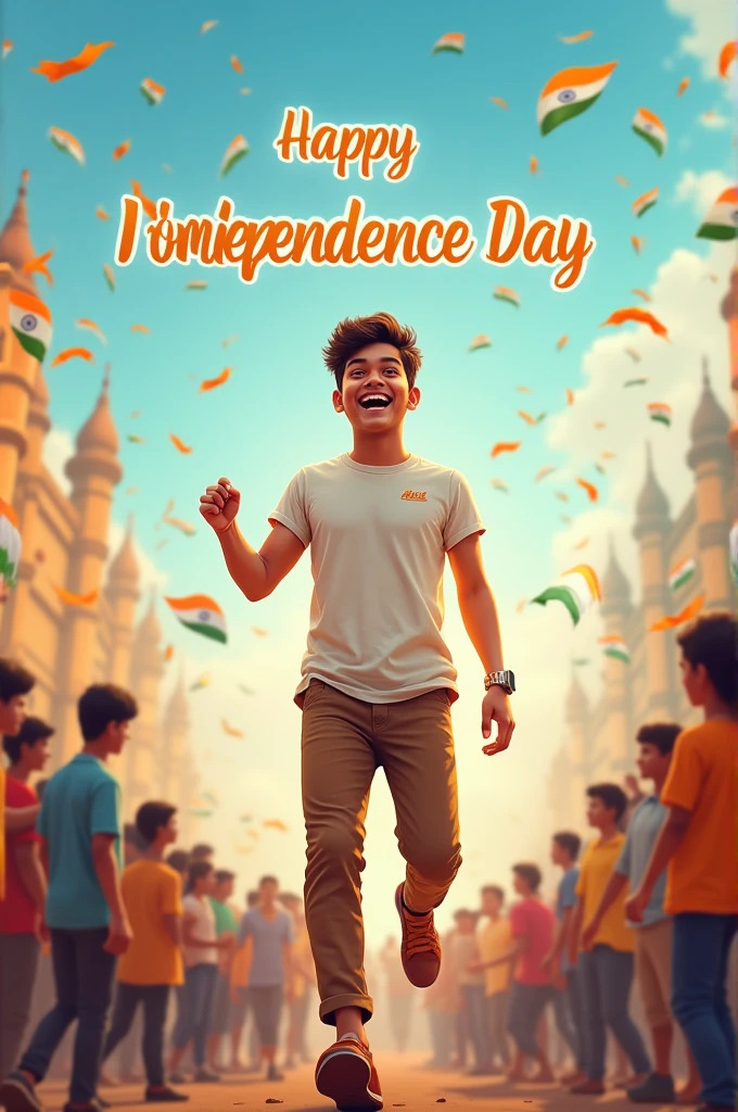 A real 20-year-old boy joyfully celebrates Indian Independence Day. He is wearing white T-shirt and brown pant with the name "Nadeem" written on his attire. Above him, in the sky, the words "Happy Independence Day" are displayed in a bold font. The backdrop is filled with people celebrating, enhancing the festive and patriotic spirit of the day.